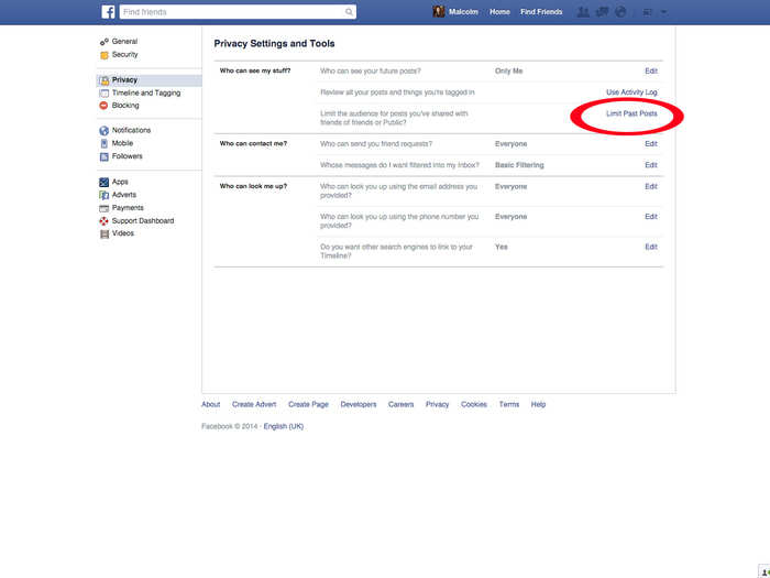 Next, you can change who can see your past posts by clicking "Limit Past Posts" and confirming the change. This will make it so your past posts are visible only to your friends, instead of the public or "friends of friends."