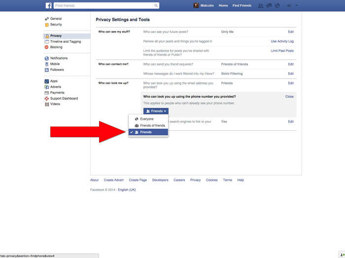 Same thing goes for "Who can look you up using the phone number you provided?" Change it from "Everyone" to "Friends."