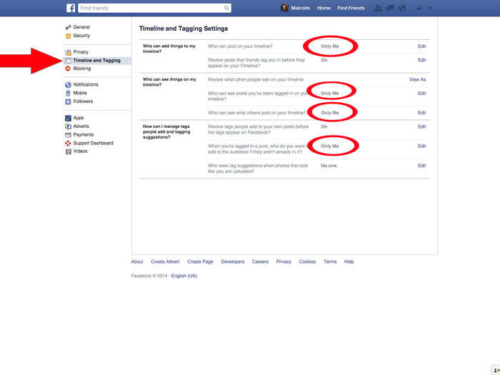 Next, click on "Timeline and Tagging Settings" to limit who can post to and see things on your Timeline. Make sure you change "Who can post on your timeline," "Who can see posts you