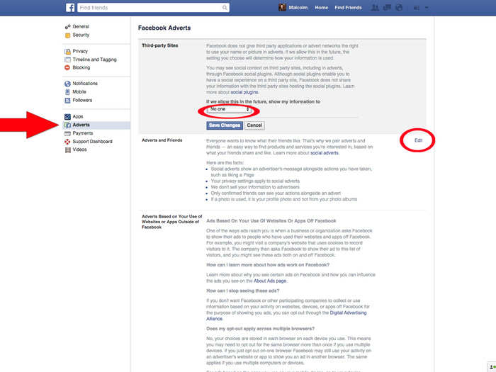 Next, click on the "Adverts" section on the left menu. This lets you choose if you want your name or social actions paired with an advertisements. For "Third-party sites," select "No one," and then "Save changes" to prevent this. Then do the same for "Adverts and friends" below.