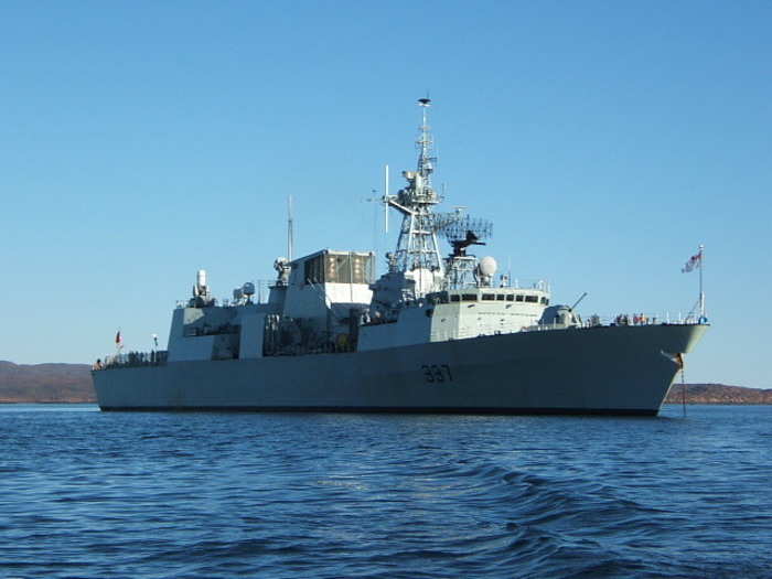 It is joined by the Canadian Halifax-class frigate HMCS Fredericton, armed with anti-submarine Mark 46 torpedoes, anti-missile Evolved Sea Sparrow Missile system, Harpoon anti-ship missiles and six .50 Calibre machine guns.