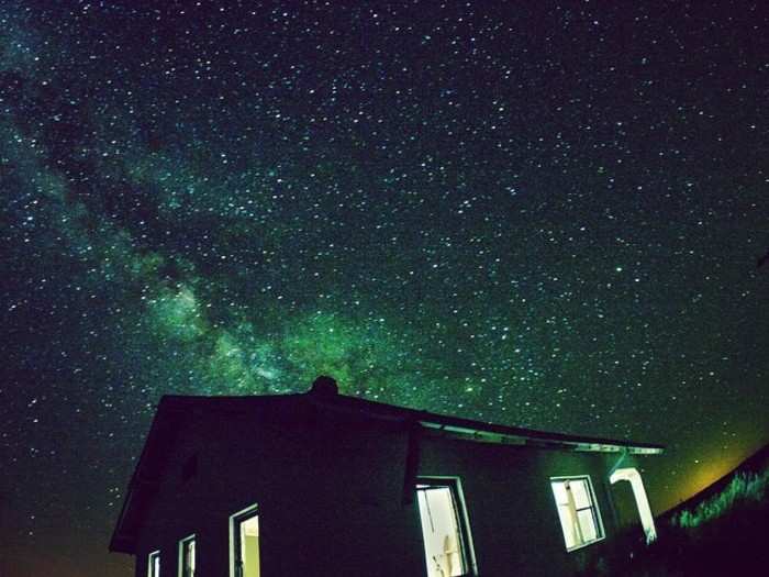 Abandoned house in Lund, Utah, illuminated with LED lights