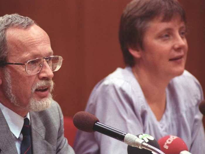 German Chancellor Angela Merkel with fellow Christian Democrat politician Lothar de Maiziere in 1990, before German reunification.