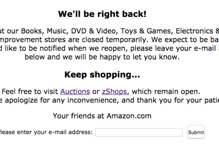 We randomly stumbled upon a site outage in 2000! Back then, Amazon was making about $600 million per quarter, so probably didn