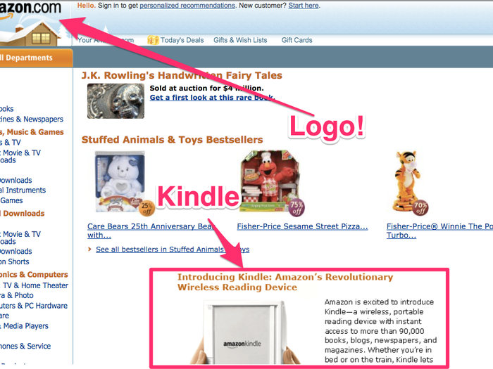 In 2007, Amazon gave its new logo more attention. It also released its first Kindle in November. The device got prime real estate on the site for a long time: