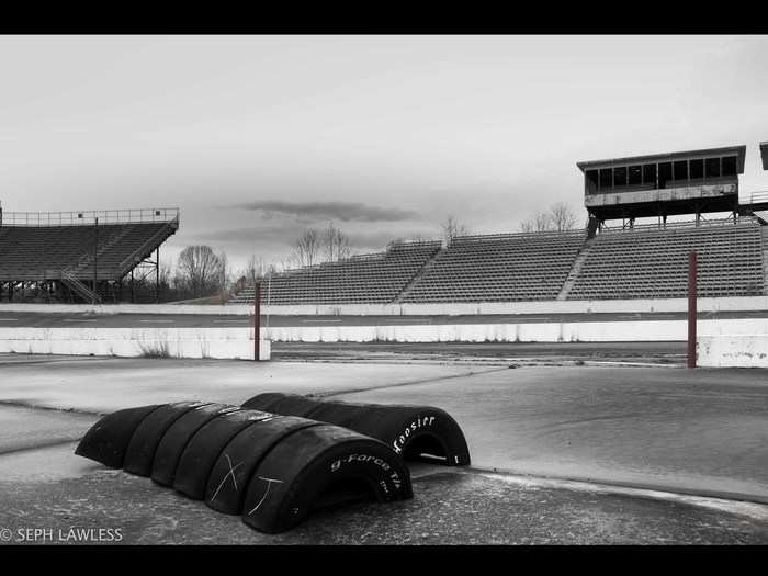 Lawless explored the abandoned North Wilkesboro Speedway, capturing every decrepit nook and cranny.