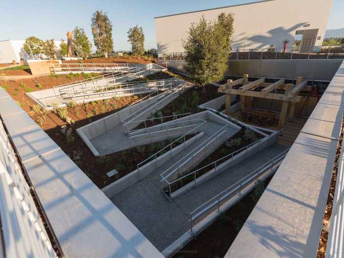 Ramps wind down to an outdoor eating area.