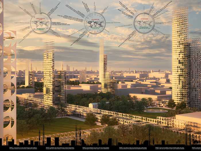 "Reversal Strategy" is a proposal to construct tall, thin buildings on top of the existing infrastructure so that old buildings can be demolished to make more public space.