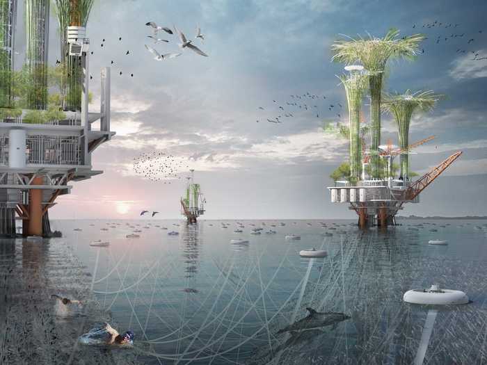 "Noah Oasis" is a plan to turn existing oil rigs into "vertical bio-habitats" that could be used to help clean oil spills. In the longer term, it could host marine life and eventually shelter humanity from rising sea levels.