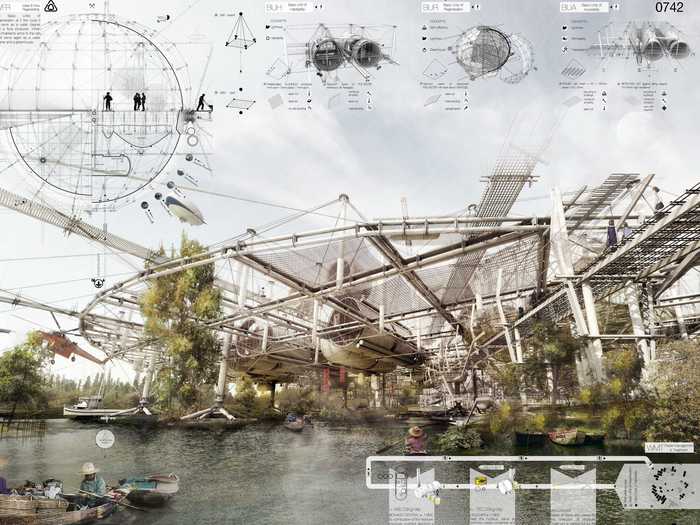 "Re-Generator Skyscraper" is a proposal to regenerate the wetlands of Hangshou, China. It would involve an elevated construction system to allow for the recovery of the city