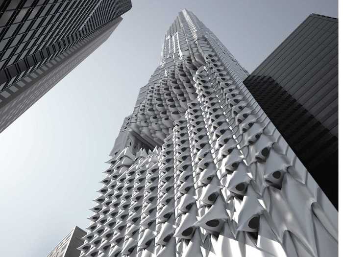 "Deep Skins" is a proposal for a Midtown Manhattan skyscraper that offers a counterpoint to the ubiquitous glass highrise. Its exterior would mimic skin with interlocking pieces, creating a "billowing" interior.