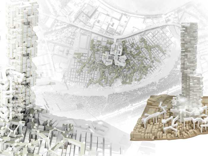 "Already There" turns traditional city planning on its head by considering three dimensions when conceiving new buildings. It "could be a good way of hyper-densifying cities even when they are extremely dense without affecting negatively the existing living conditions," says the architect.