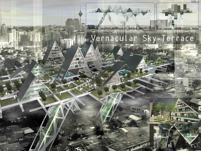 "Vernacular Sky-Terrace" envisions a horizontal skyscraper that would allow for recreation much like a street, in order to foster a close-knit community.