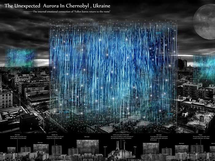 "Unexpected Aura in Chernobyl" is both a monument to the 1986 nuclear disaster and a skyscraper with air and water purification systems to allow people to restart their lives in the area.