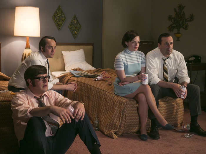 In the final episode of the first part of season 7, Don, Peggy, Pete, and Harry are in Indianapolis preparing to pitch to Burger Chef when Neil Armstrong lands on the moon.