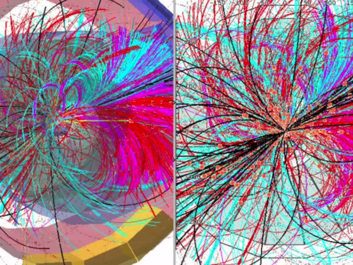 As these beams of protons crash into each other, they produce hot clouds of tiny particles. Physicists can