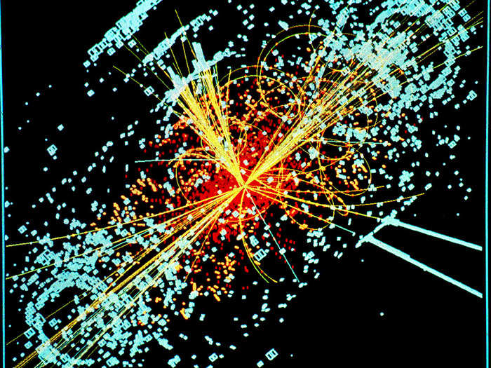 In 2012, the LHC rocked the world when physicists announced they had discovered the Higgs boson. This iconic image of the particle is only a reconstructed collision pattern and particle decay path.