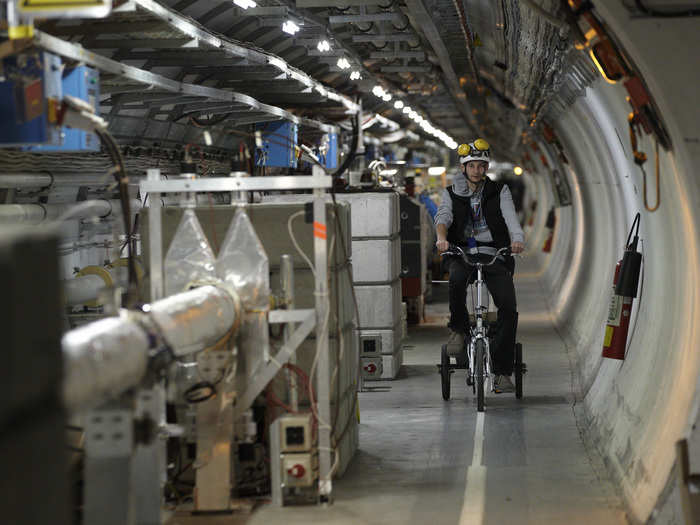 LHC technicians get around the huge machine via bicycle.