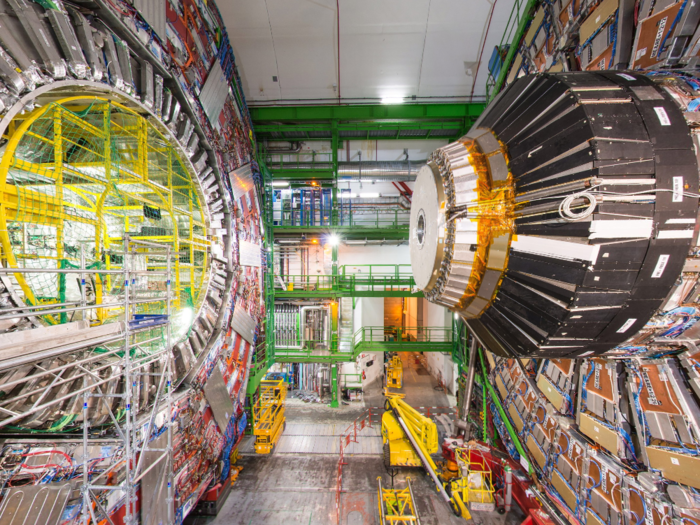 CMS is 50 feet tall and weighs over 12,000 tonnes. Physicists are using it to search for things like supersymmetric particles and dark matter particles.