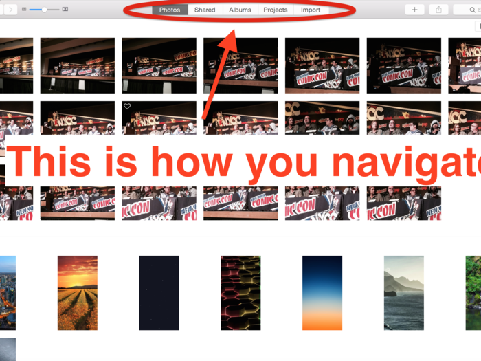 The row of tabs along the top is your main interface for the Photos app.