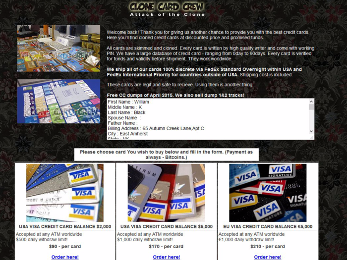 Actual credit cards that have been "cloned" from other those stolen from other people.