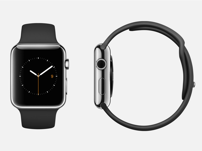 Black: 316L stainless steel Apple Watch (38mm or 42mm case) with black fluoroelastomer sports band, stainless steel pin, sapphire crystal Retina display, and ceramic back.