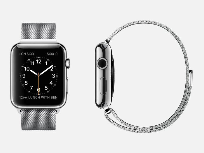 Stainless steel: 316L stainless steel Apple Watch (38mm or 42mm case) with stainless steel Milanese loop band, magnetic closure, sapphire crystal Retina display, and ceramic back.