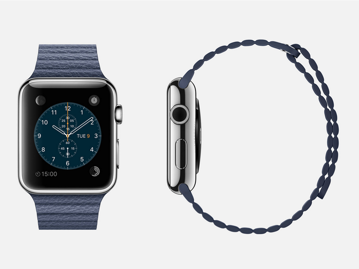 Bright blue leather: 316L stainless steel Apple Watch (42mm case only) with bright blue leather loop band, magnetic closure, sapphire crystal Retina display, and ceramic back.