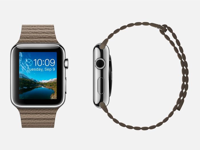 Light brown leather: 316L stainless steel Apple Watch (42mm case only) with light brown leather loop band, magnetic closure, and ceramic back.