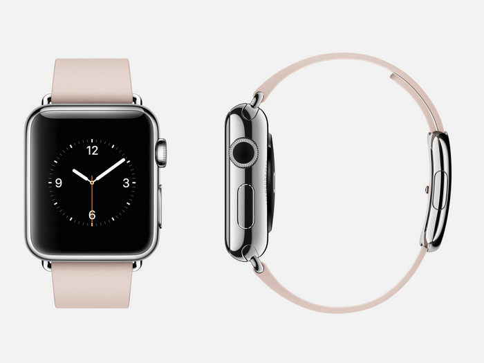 Pink leather: 316L stainless steel Apple Watch (38mm case only) with soft pink leather modern buckle band, stainless steel buckle, and ceramic back.