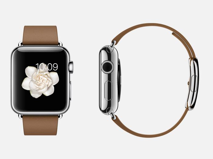 Brown leather: 316L stainless steel Apple Watch (38mm case only) with brown leather modern buckle band, stainless steel buckle, and ceramic back.