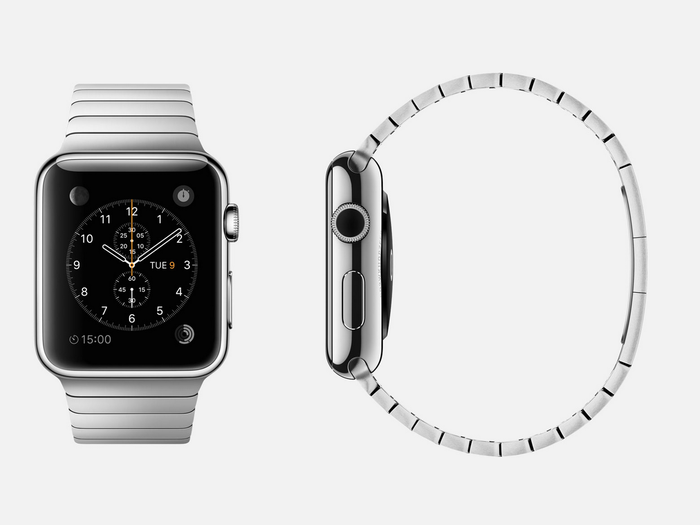Steel bracelet: 316L stainless steel Apple Watch (38mm or 42mm case) with stainless steel link bracelet band, butterfly closure, and ceramic back.