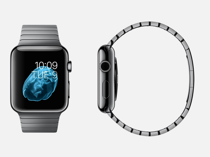 Black bracelet: 316L space black stainless steel Apple Watch (38mm or 42mm case) with space black stainless steel link bracelet band, butterfly closure, and ceramic back.