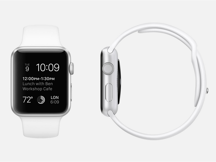 White Sport: 7000 series silver aluminum Apple Watch Sport (38mm or 42mm case) with white fluoroelastomer sports band, stainless steel pin, Ion-X glass Retina display, and composite back.