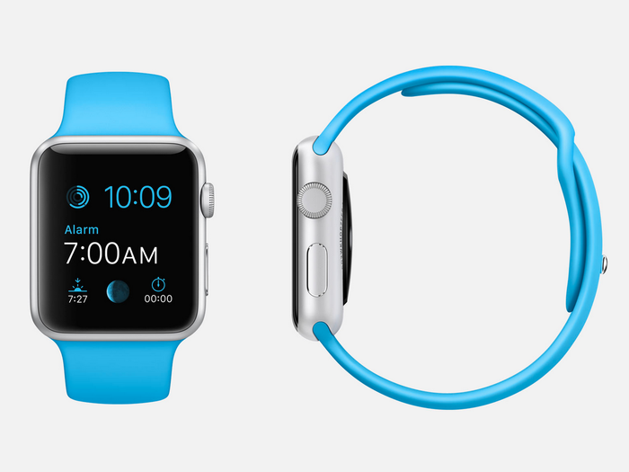 Blue Sport: 7000 series silver aluminum Apple Watch Sport (38mm or 42mm case) with blue fluoroelastomer sports band, stainless steel pin, Ion-X glass Retina display, and composite back.