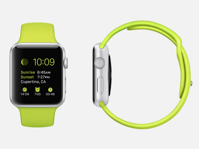 Green Sport: 7000 series silver aluminum Apple Watch Sport (38mm or 42mm case) with green fluoroelastomer sports band, stainless steel pin, Ion-X glass Retina display, and composite back.
