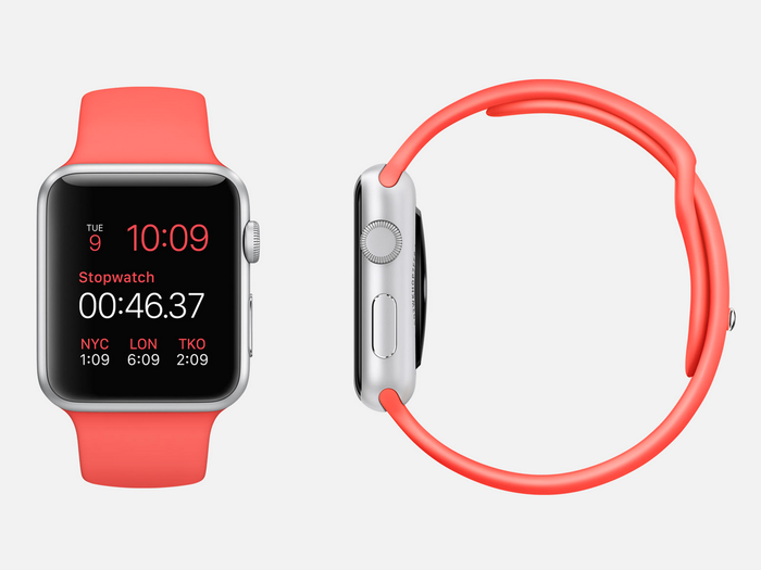 Pink Sport: 7000 series silver aluminum Apple Watch Sport (38mm or 42mm case) with pink fluoroelastomer sports band, stainless steel pin, Ion-X glass Retina display, and composite back.