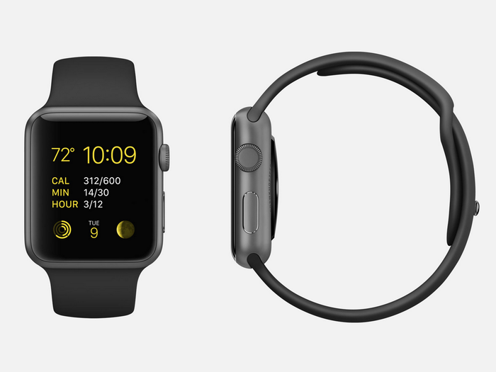 Black Sport: 7000 series space gray aluminum Apple Watch Sport (38mm or 42mm case) with black fluoroelastomer sports band, space gray stainless steel pin, Ion-X glass Retina display, and composite back.