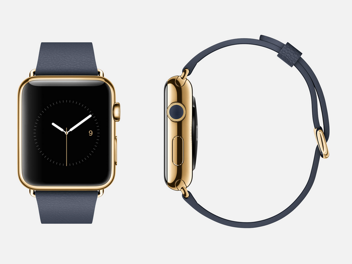 Yellow gold Edition with blue band: 18-karat yellow gold Apple Watch Edition (42mm case only) with midnight blue leather classic buckle band, 18-karat yellow gold buckle, sapphire crystal Retina display, and ceramic back.