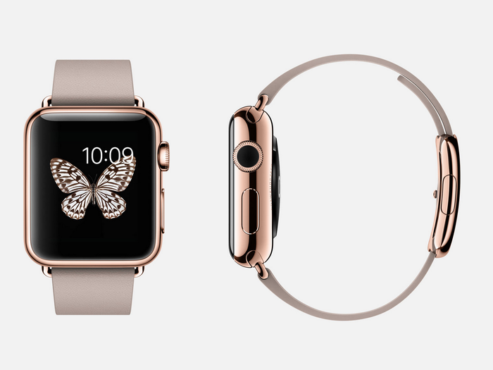 Rose gold Edition with gray band: 18-karat rose gold Apple Watch Edition (38mm case only) with rose gray leather modern buckle band, 18-karat rose gold buckle, sapphire crystal Retina display, and ceramic back.