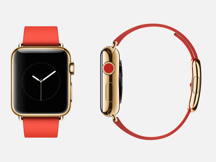 Yellow gold Edition with red band: 18-karat yellow gold Apple Watch Edition (38mm case only) with bright red leather modern buckle band, 18-karat yellow gold buckle, sapphire crystal Retina display, and ceramic back.