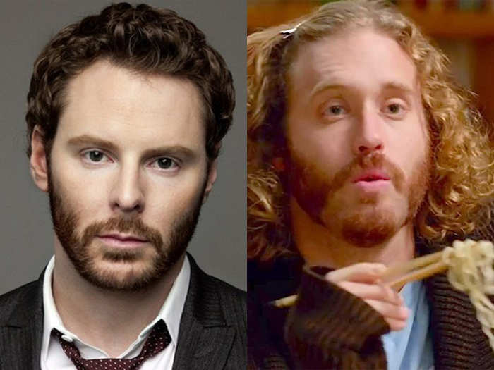 Sean Parker, left, of Napster and Facebook fame is thought to be the inspiration for hard-partying, outspoken, and eccentric incubator owner Erlich Bachman, shown here in a classic scene slurping artisanal noodles with a barrette in his hair.