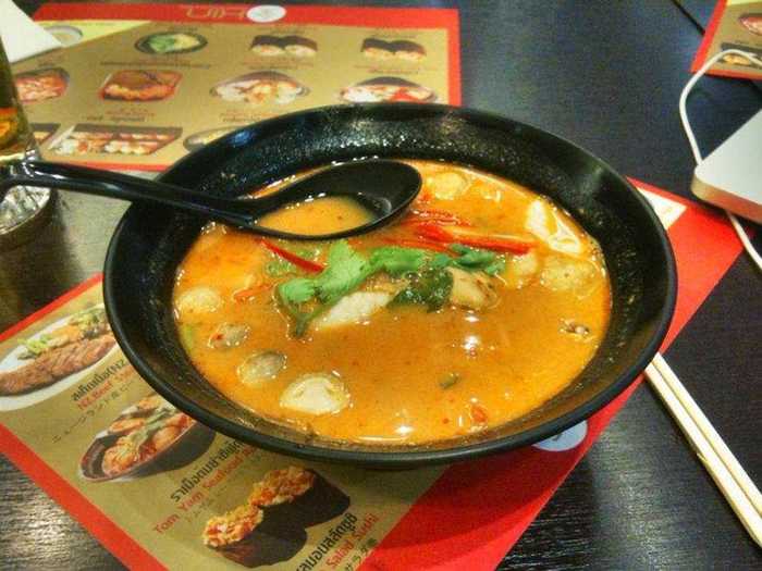 SUVARNABHUMI AIRPORT, BANGKOK, THAILAND: Stop by Kin Japanese Restaurant and Ramen in Concourse D for delicious soups and fresh seafood. Stick with the traditional ramen based soup or go noodle-less with the hearty seafood based tom yum talay soup.