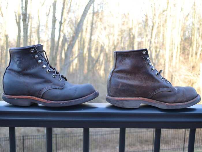 As you can see the, the oiled shoe is much better looking with a uniform, dark finish, when compared to the "rustic" look of the untreated boot.