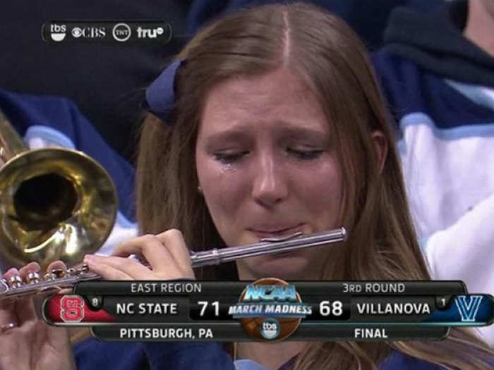 When Villanova was kicked out of the NCAA tournament this year, one sad band member who played the flute became a viral meme, "Crying Piccolo Girl."