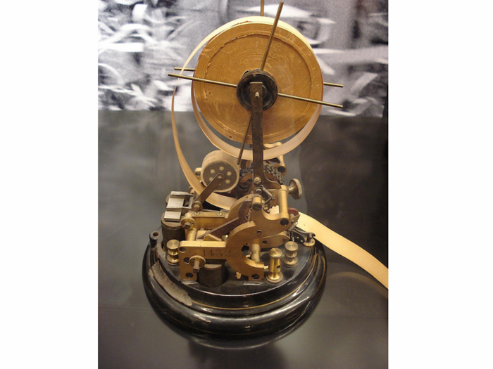 The first stock ticker — introduced in November, 1867 — was just a modified telegraph receiver. Thomas Edison later patented a widely-used updated version.