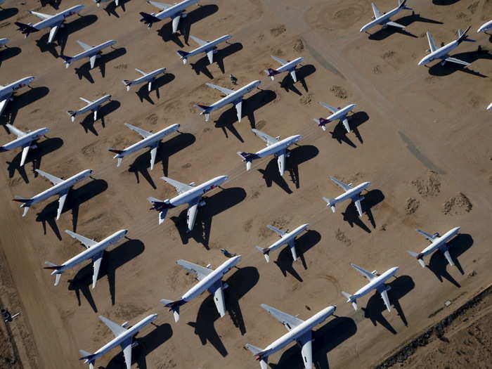 Mixed in with the FedEx jets are some ex-Delta Airlines Boeing 767s.