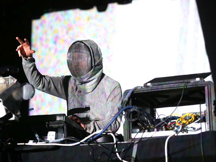 UK-based recording artist Squarepusher bundled up despite the hot desert sun.