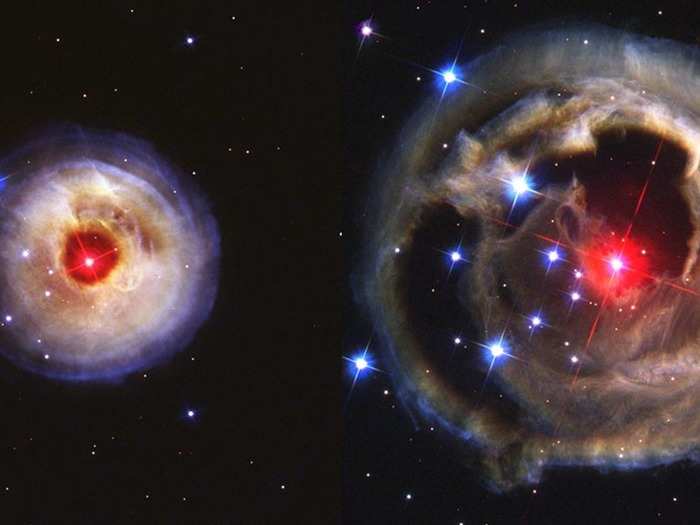 These are two Hubble images of the same object. The left image was taken on May 20, 2002 while the right image was taken over 6 months later on December, 17. In January, 2002, astronomers observed a bright light pulse — 600,000 times brighter than our sun — coming from a star about 20,000 light years from Earth. The star faded, but the light it emitted continued to travel outward, illuminating the star