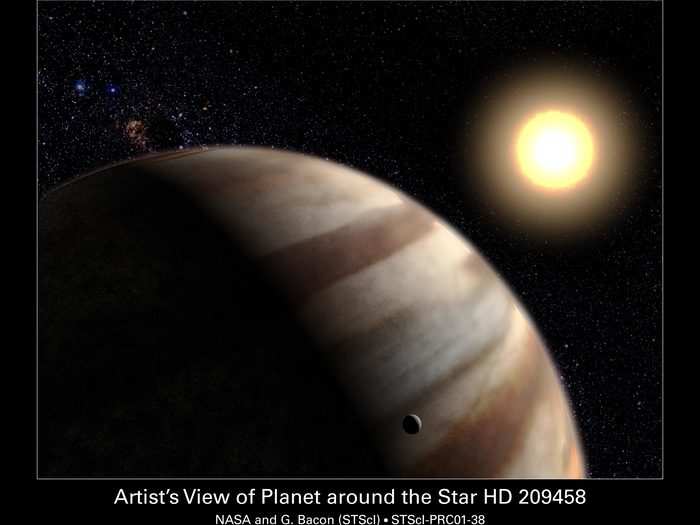 Although exoplanets are too distant and small for Hubble to photograph in any detail, what Hubble did with an exoplanet orbiting the star HD 209458, is groundbreaking. In 2001, Hubble measured the first chemical composition of an exoplanet. Above is the artistic image that NASA created to represent these findings.